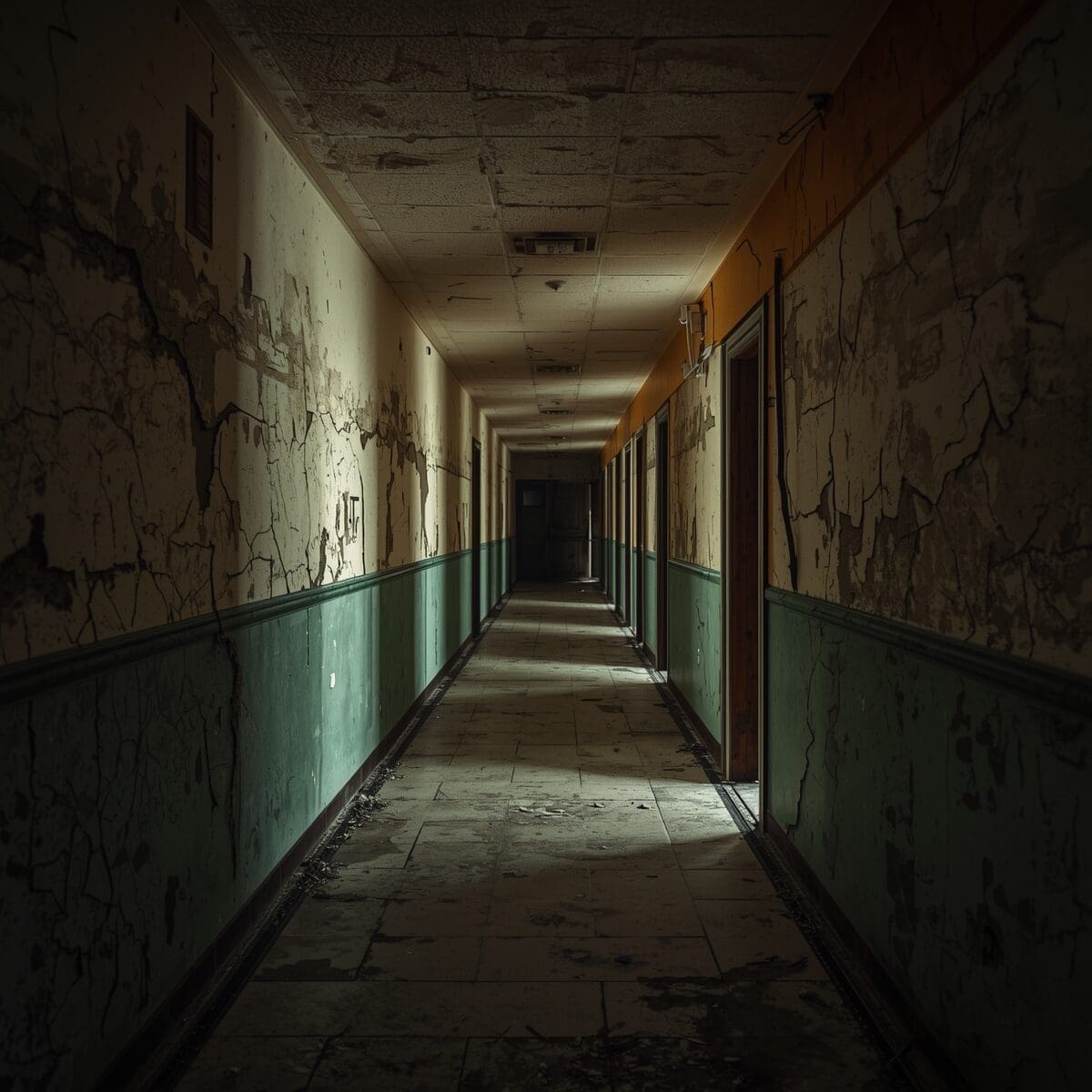 Worn apartment hallway showing poor living conditions and property neglect