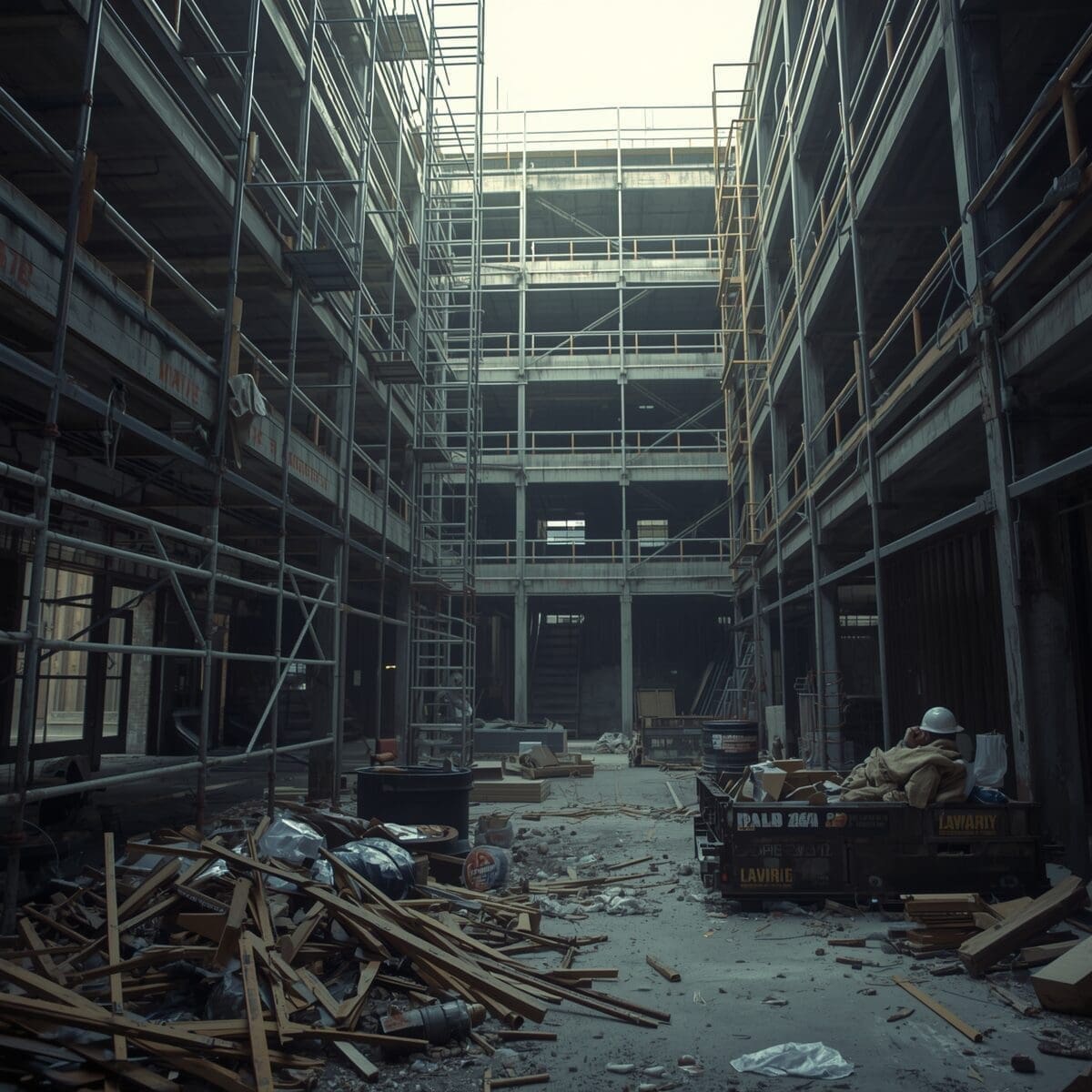 Construction site with visible hazards and unsafe conditions