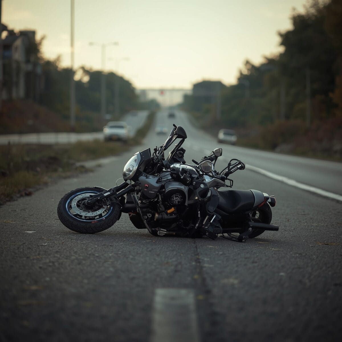 Motorcycle lying on road after accident