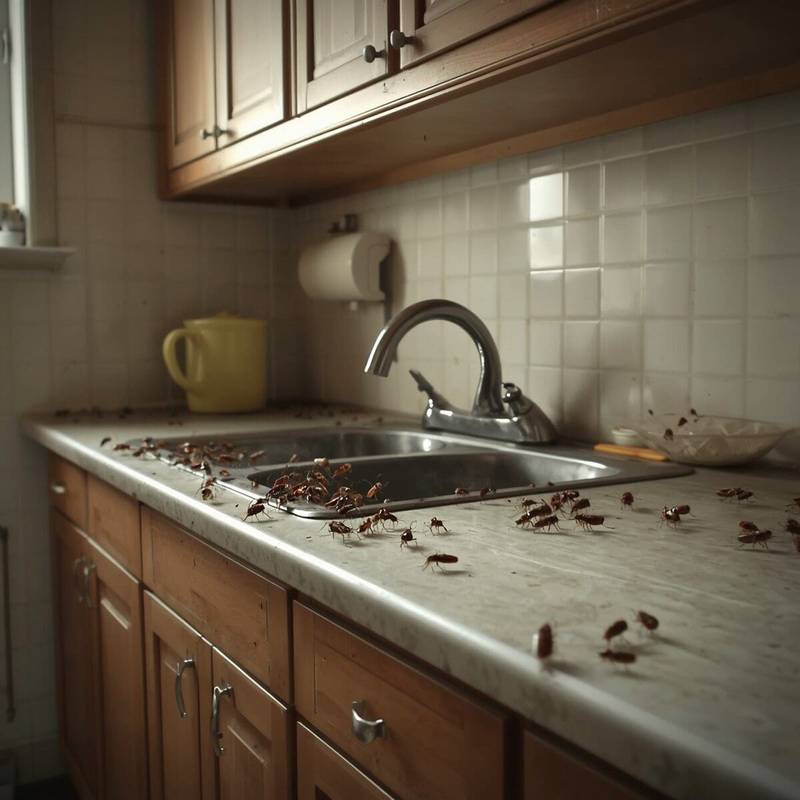 Tenant dealing with cockroach infestation in apartment kitchen