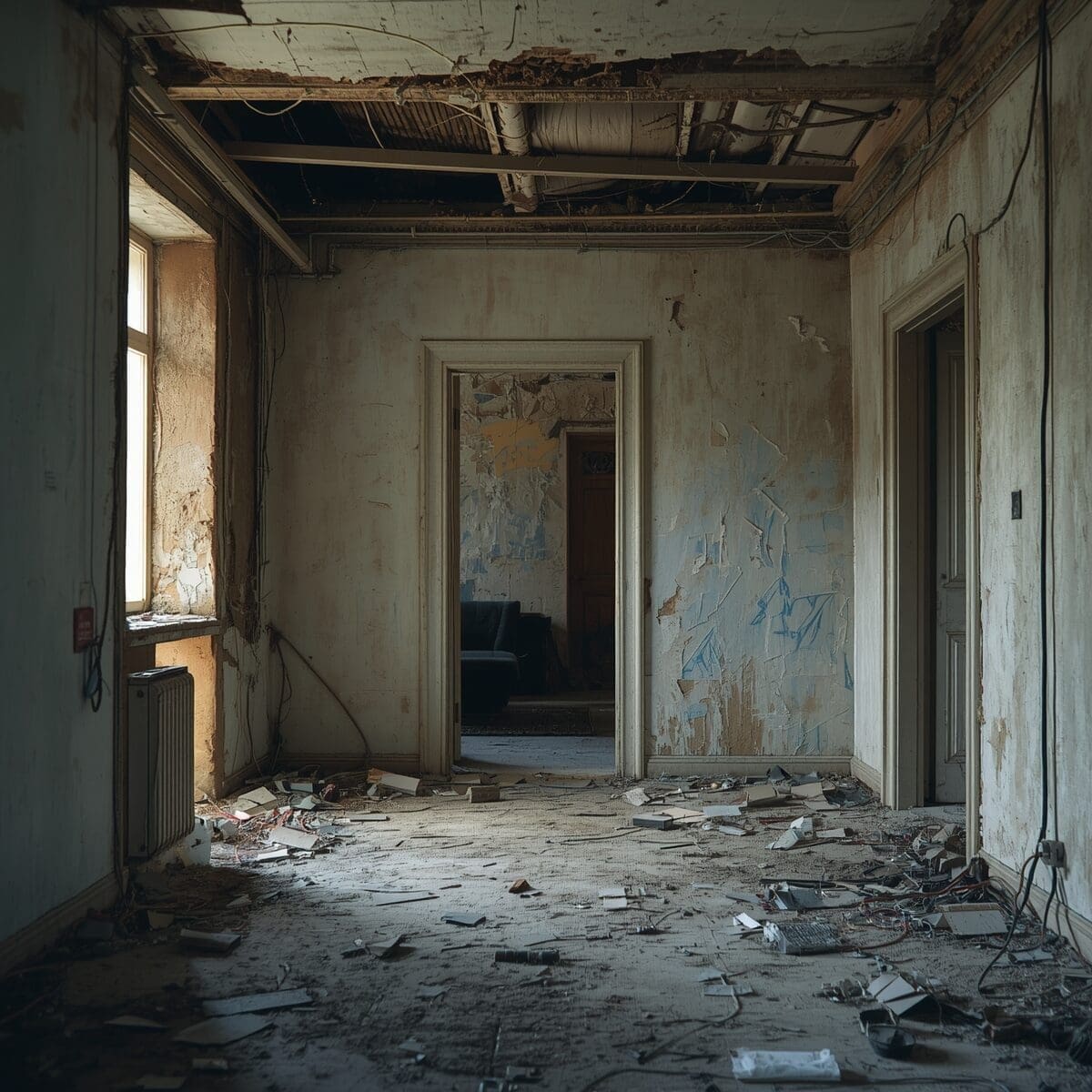 Damaged apartment interior with unsafe living conditions